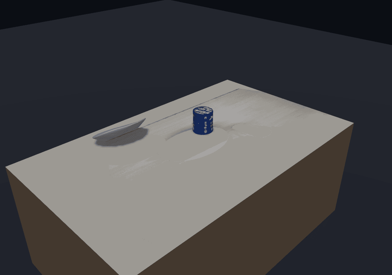 The same plate and salt shaker reconstructed as a manipulable 3D scene with a robot arm